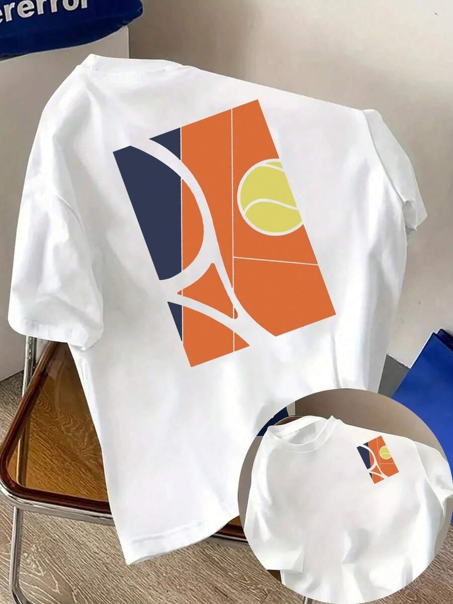 New Men's T-Shirt, 180g, 1% Cotton, Sporty Tennis Style, With Double-Sided Print, Modern And Short-Sleeved, Suitable For Casual Daily Wear And Outdoor Fitness Activities, A Must-Have Garment For Men - For Spring And Autumn As An Inner Layer And For Summer As An Independent Garment, Unisex Style. - 白色 - 查看 1