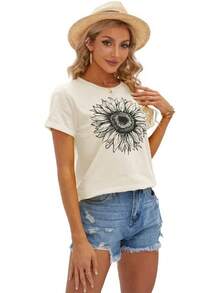 1PieceFashionCasualForMenAndWomenCicyBellWomenTShirtShortSleeveTeeSunflowerGraphicLooseSummerTopVersatile, fácil de combinar, adecuado para uso diario, estilo urbano, conjuntos de vacaciones, conjuntos de fin de semana. - Albaricoque - Ver 3