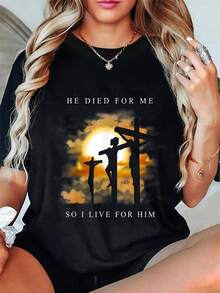 Women's 100% Cotton Crew Neck T-Shirt With Christian Bible Verse - Cross And Sunset Design "Die For Me", Soft 180 G/M² Crew Neck T-Shirt, Unisex Religious Clothing, Machine Washable, Suitable For All Seasons. | Sunset Image | Opaque Material. Simple T-Shirt For Everyday Wear. - 黑色 - 查看 1