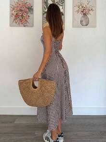 Vestido a media pantorrilla con tirantes a cuadros para mujeres, de moda y apropiado para el verano - Marrón - Ver 5