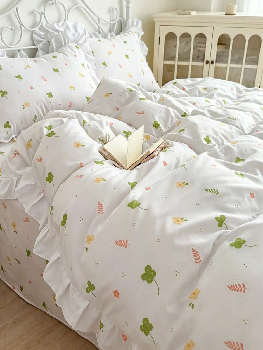 奶油色女孩風荷葉邊柔軟刷毛花卉被套 3 件組 (1 件被套 + 2 件枕套,不含被芯與枕芯),床上用品套裝,舒適柔軟透氣溫馨百搭,四季皆可用,可機洗 - 嫩芽綠色 - 查看 1