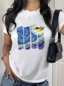 100% Cotton. Night Sky With Luminous Swirls That Evoke Artistic Calm And Cosmic Energy, Inspiring Freedom In Every Stroke. Women's 100% Cotton Soft And Comfortable Casual Elegant T-Shirt. Women's Simple Solid Color T-Shirt, Loose And Slim Fit Casual Short Sleeve - 白色的 - 查看 1