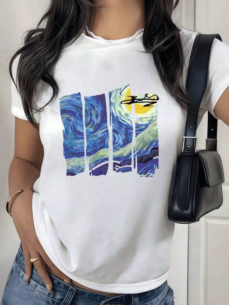 100% Cotton. Night Sky With Luminous Swirls That Evoke Artistic Calm And Cosmic Energy, Inspiring Freedom In Every Stroke. Women's 100% Cotton Soft And Comfortable Casual Elegant T-Shirt. Women's Simple Solid Color T-Shirt, Loose And Slim Fit Casual Short Sleeve - 白色的 - 查看 1