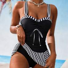 Women's Tankini 2026, Striped Print With Lace-Up And Slit Skirt, Moderate Coverage Style - JY1093-bK - View 2