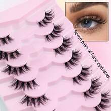 7 Pairs Natural Crossing Cat Eye Lashes, 3D Fluffy Curly Elongated Invisible Transparent Stem, Comfortable & Lightweight For Beginners, 10/16MM - Black - View 8