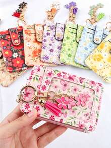 1pc Countryside Floral Card Holder & Keychain, Macaron Color Ditsy Floral Card Case With Flower Pendant And Tassel Design, Convenient Storage For Cards, Fashion Accessory For Women - Multicolor - View 3