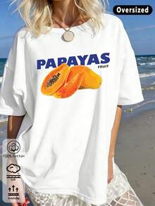 Women's Oversized White Cotton Papaya Print T-Shirt: Casual Streetwear, Loose Fit For Everyday Wear, Perfect For Summer With Soft And Breathable Fabric, Versatile Design For Laye - Banc - View 5
