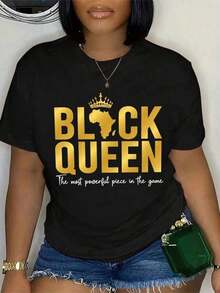 2026 New Cotton Shirt 100% Cotton Short Sleeve T-Shirt With BLACK QUEEN Slogan Print, The Power Size Piece Of The Game Graphics On T-Shirts For Women Women's Simple Solid Color Shirt, Loose And Casual Short Sleeve - 黑色 - 查看 1