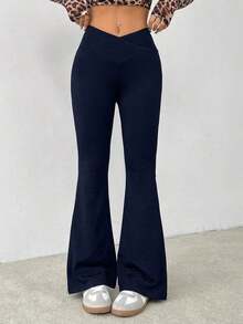 Pantalones acampanados de cintura alta envolvente de unicolor sencillo - Azul marino - Ver 5