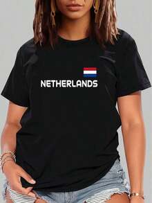 Premium100% Cotton European Cup Wo's Casual Sports T-Shirt Top, Comfortable Summer Top For Wo, Loose Round Neck T-ShirtGift Idea - 黑色 - 查看 7