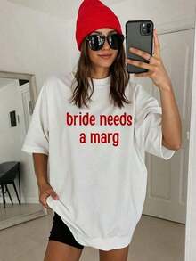 1 Piece 'Bride In A Tini Bit' Print T-Shirt, Bachelorette Party T-Shirt, Gift For The Bride, Wedding Day T-Shirt, Gift For The Bride-To-Be, Women's Thick Cotton T-Shirt – Made From Premium Thick Cotton With A Soft Yet Durable Feel, Offering Breathable Comfort From Morning To Night. Perfect For Everyday Wear, Travel, Casual Outings, Sports, Or Layering On Cooler Days. A Versatile And Fashionable Choice For Urban Style, Relaxing At Home, Or Staying Active Outdoors. 180g 100% Cotton. - 白色 - 查看 1