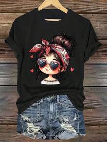 Women's Casual T-Shirt With A Round Neck And Vibrant Cartoon Print, Made Of Soft Polyester Fabric, Short-Sleeved Top For Casual Wear, Casual Clothing T-Shirt | Playful Print T-Shirt | Comfortable Fit - 黑色 - 查看 1