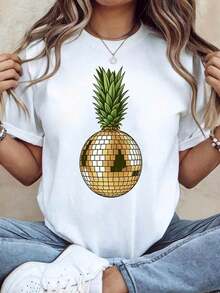 Cool Casual T-Shirt Women's Short Sleeve Crew Neck Casual T-Shirt With Pineapple Disc Print For Spring And Summer, Perfect For Everyday Styling, Going Out And As A Vacation Gift Women's Summer Casual Graphic Print T-Shirt Short Sleeve Crew Neck Soft Breathable T-Shirt Tops For Daily Urban Fashion - 白色 - 查看 1