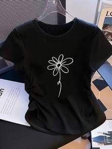 Simple Lines And A Daisy Print In A Fresh And Natural Style - Y2K Style - Women's Casual Fashion Sports T-Shirt, Petite Size, Slim Fit, Solid Color, With Detailed Pleats At The Waist, Pullover Round Neck, Short Sleeves, Suitable For All Four Seasons. - 白色 - 查看 10