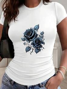 Short-Sleeved T-Shirt With Round Neck And Fitted Cut, Solid Color, With Pleated Detail At The Waist, Y2K Style, Elegant And Romantic Design With Blue Rose Bouquet Print And Artistic Lettering, Suitable For The Spring, Summer, Autumn And Winter Seasons. - White - View 2