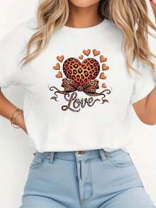 Women's T-Shirts, Women's Love Graphic Print T-Shirt, Casual Short Sleeve Crew Neck Top For Summer And Spring, Women's Clothing - 白色 - 查看 1