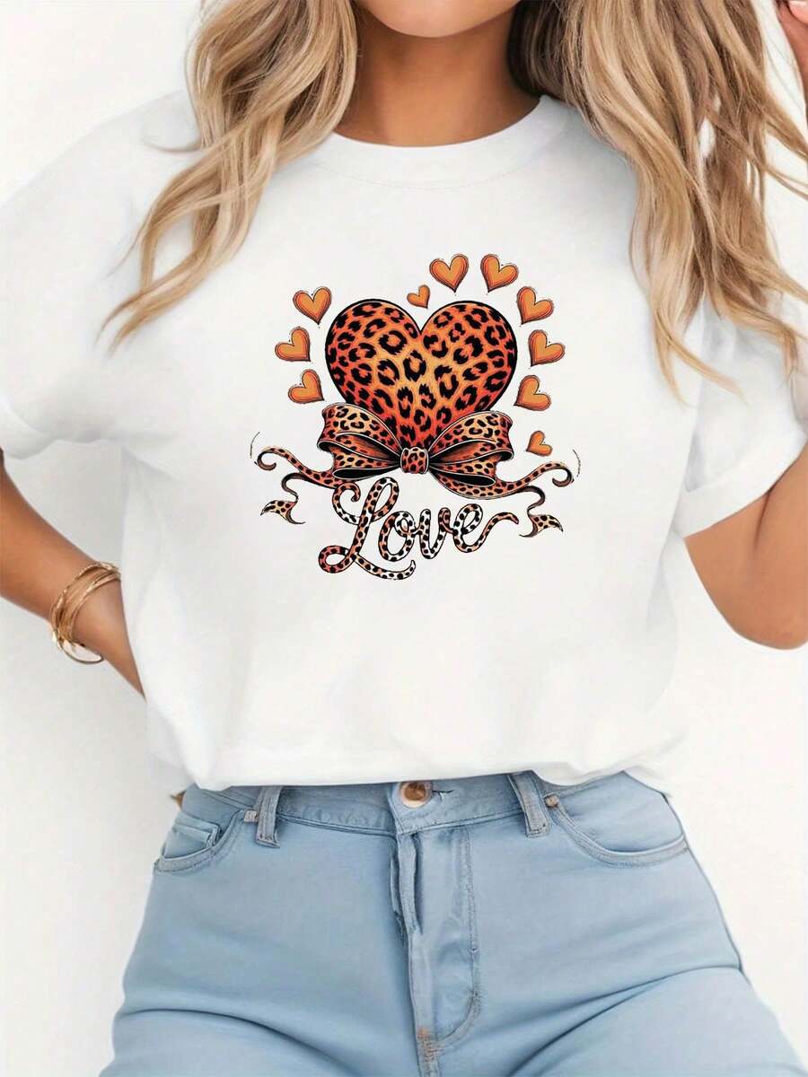 Women's T-Shirts, Women's Love Graphic Print T-Shirt, Casual Short Sleeve Crew Neck Top For Summer And Spring, Women's Clothing - 白色 - 查看 1