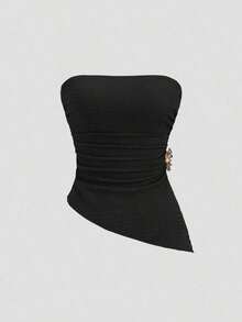 Top corto sexy de mujer con detalle fruncido y abertura lateral - Negro - Ver 3