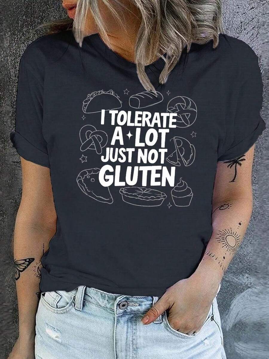 Camiseta Estampada para Mujer con Diseño de Texto Gluten Dibujado a Mano - Camiseta Casual de Manga Corta y Cuello Redondo, Corte Relajado para Todas las Estaciones, Perfecta para Uso Diario y Vacaciones (Lavable aáquina). - Negro - Ver 1