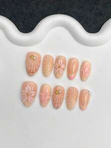 10 piezas de uñas postizas cortas ovaladas estilo Y2K, semimanufacturadas, con gel 3D amarillo, diseño francés, flores 3D, perlas doradas, strass y estrella de mar dorada, uñas de verano, uñas acrílicas falsas de ajuste completo, suministros de uñas adecuados para uso diario, trabajo y fiestas de mujeres, uñas postizas hechas a mano - Multicolor - Ver 4