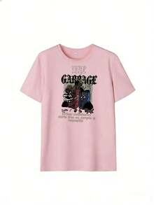 T-Shirt With "GARBAGE" Text And Dark Urban Graphic,  Short-Sleeved T-Shirt For Spring And Summer 2026, Made In Mexico, 180 Grams. Cartoon Print, Couple Design, Suitable For Indoor Or Outdoor Wear. Crew Neck, Unisex, Ideal For Office And Leisure. One-Pack. - PK-P631577SLNDXZGY620 - 查看 2