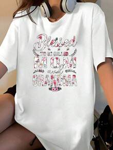Women's Floral Print T-Shirt "Blessed By Mom And Grandma" Gift For Mother And Grandmother, Casual Summer T-Shirt - 白色 - 查看 7