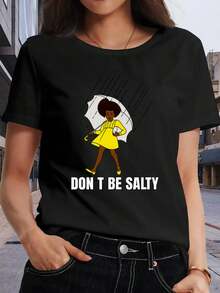Women's Printed T-Shirt With Colorful Cartoon Illustration And Text - Casual Short Sleeve Crew Neck T-Shirt, Relaxed Fit For All Seasons, Perfect For Everyday Wear Or Holiday Outfits (Machine Washable). - 黑色 - 查看 1