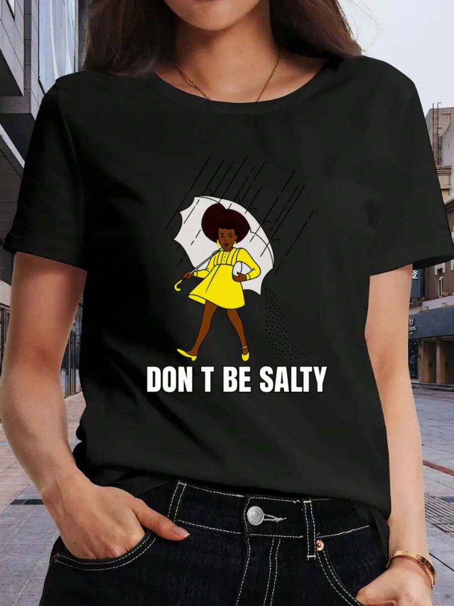 Women's Printed T-Shirt With Colorful Cartoon Illustration And Text - Casual Short Sleeve Crew Neck T-Shirt, Relaxed Fit For All Seasons, Perfect For Everyday Wear Or Holiday Outfits (Machine Washable). - 黑色 - 查看 1