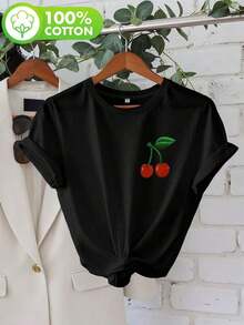 Women's Lightweight Pure Cotton Camisole With Cherry And Leaf Print, Round Neck, Short Sleeve, Best Seller. Suitable As A Gift. Women's T-Shirt. Elegant Blouses. Boho Chic. Soft, Breathable, And Comfortable Women's Top, Ideal For Spring, Summer, And Autumn, Perfect For Vacations, Travel, And Everyday Wear. - 黑色 - 查看 1