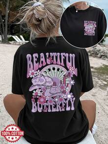 | Exquisite Design | Loose And Comfortable | Easy To Match | [Double-Sided Print] Fashionable Women's Top, Summer Clothes For Women, Cartoon Style, Butterfly, Flower, Beautiful Print, Round Neck, Short Sleeve, Off-The-Shoulder, Plus Size Pure Cotton T-Shirt. - 黑色 - 查看 7