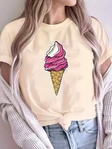 Women's T-Shirt [New Summer Recommendation] Ice Cream Print T-Shirt, Casual For Women, Vacation, Short Sleeve, Round Neck, Spring And Summer, Machine Washable, New Women's Clothing, Versatile, Casual Going Tops For Women - 白色 - 查看 9