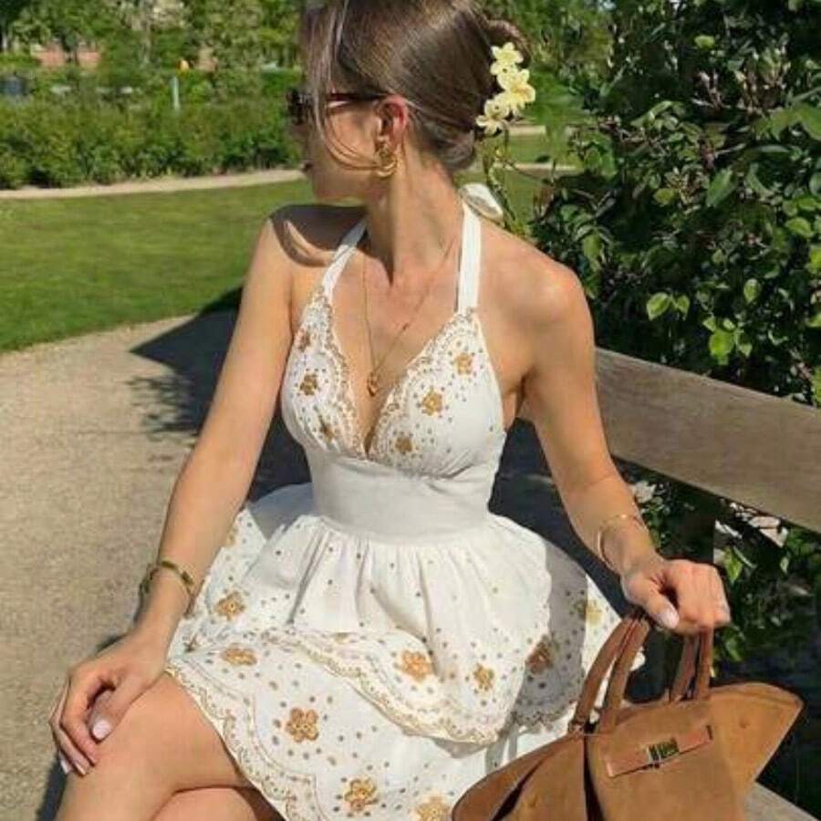 MOD Vestido mini con estampado floral, escote halter y volantes, para vacaciones - Albaricoque - Ver 1