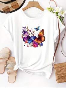 Limited Time Offer, Limited Quantities, Flash ! Women's Casual Shirts, Women's Polyester T-Shirts, Elegant Shirts. Short-Sleeve T-Shirt With Colorful Butterfly Print | Women's Casual Crew Neck Top, Ideal For Everyday Wear In Spring/Summer - 白色 - 查看 1