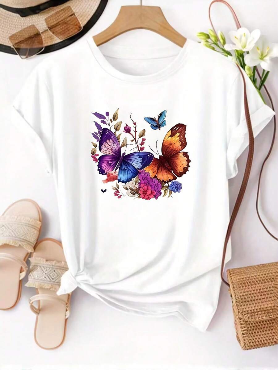 Limited Time Offer, Limited Quantities, Flash ! Women's Casual Shirts, Women's Polyester T-Shirts, Elegant Shirts. Short-Sleeve T-Shirt With Colorful Butterfly Print | Women's Casual Crew Neck Top, Ideal For Everyday Wear In Spring/Summer - 白色 - 查看 1