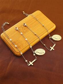 1 pieza Pulsera con colgante de cruz y perla de la Virgen María, regalo cristiano, regalo de fe, regalo de cruz, regalo de amistad - Dorado - Ver 3