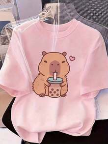 Camiseta de mujer de manga corta con cuello redondo y gráfico de animal capibara, estilo casual y versátil para vacaciones, adecuada para uso diario y moda de verano en color rosa - Rosa Pálido - Ver 6