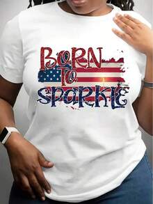 Plus Size T-Shirt With Natural Glitter American Flag, With Glitter Text And Shimmering "USA" Inscription, Soft Round Neck And Short Sleeves, Lightweight And Breathable, Suitable For July 4th Independence Day, Casual Wear, Ideal For July 4th Independence Day. - 白色 - 查看 7