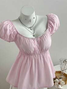 de mujer de unicolor con cuello cuadrado y manga corta, para vacaciones - Rosa - Ver 7