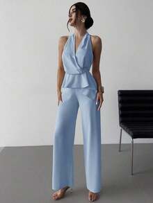 Two-Piece Set Featuring A Stylish And Romantic Asymmetrical V-Neck Sleeveless Top And Loose-Fitting Khaki Straight-Leg Trousers, Suitable For Summer, Beach, And Vacation - 灰色 - 查看 6