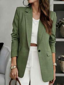 Áo blazer nữ màu trơn cổ chữ V tay dài cài một hàng khuy, phù hợp cho công sở, văn phòng, làm việc từ xa, đi làm và mặc hàng ngày, áo khoác nhẹ dùng được cả bốn mùa (xuân, hè, thu, đông). - màu xanh lá - Xem 1