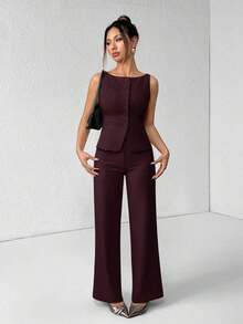 PETITE Conjunto de chaleco y pantalones de un solo pecho de unicolor con cuello redondo, elegante traje de oficina para mujer, ropa de mujer de verano y otoño, conjunto de oficina, ropa casual de negocios, conjunto de dos piezas, ropa de oficina de otoño para mujer, conjunto de blazers para mujer - Granada - Ver 4