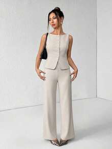PETITE Conjunto de chaleco y pantalones de un solo pecho de unicolor con cuello redondo, elegante traje de oficina para mujer, ropa de mujer de verano y otoño, conjunto de oficina, ropa casual de negocios, conjunto de dos piezas, ropa de oficina de otoño para mujer, conjunto de blazers para mujer - Albaricoque - Ver 4