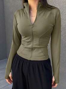 de forro polar de ajuste ceñido con cuello alto de unicolor para mujer, otoño e invierno - Verde militar - Ver 5