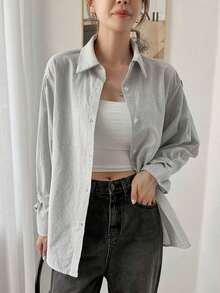Camisa con volantes y hombros caídos a rayas verticales, blusas de manga larga, ropa de otoño - Gris Claro - Ver 8