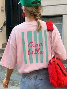 Camiseta de mujer de manga corta y cuello redondo casual - Estampado impreso, tela suave y cómoda, lavable aáquina, tops de verano en color rosa - Rosa - Ver 2