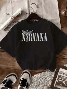 Camiseta playera T-shirt mujer cuello redondo manga corta estampado grafico musica banda NIRVANAa estilo rock  cuello redondo manga corta primavera verano uso diario - Negro - Ver 5
