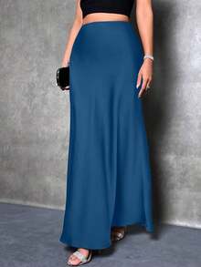 Falda de estilo de cola de sirena de unicolor para mujer, falda de satén, falda larga elegante, adecuada para fiestas y uso diario - Azul - Ver 7