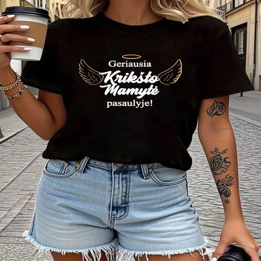 Women's Black Cotton Short-Sleeved T-Shirt With A Round Neck, Casual Style, Regular Fit, Featuring An Angel Wing And Letter Print. High-Quality Stretch Fabric. - 黑色 - 查看 1