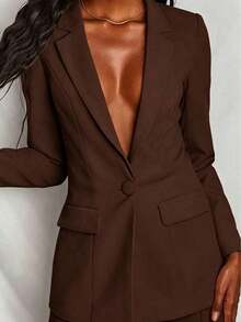 Conjunto de blazer y pantalones de unicolor y manga larga minimalista para mujer - Café integral - Ver 4