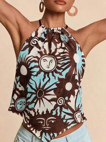 Top de tirantes tejido con estampado de vacaciones para mujer - Multicolor - Ver 8